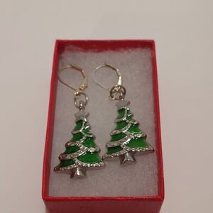 Green Enamel Christmas Tree Drop Earrings
